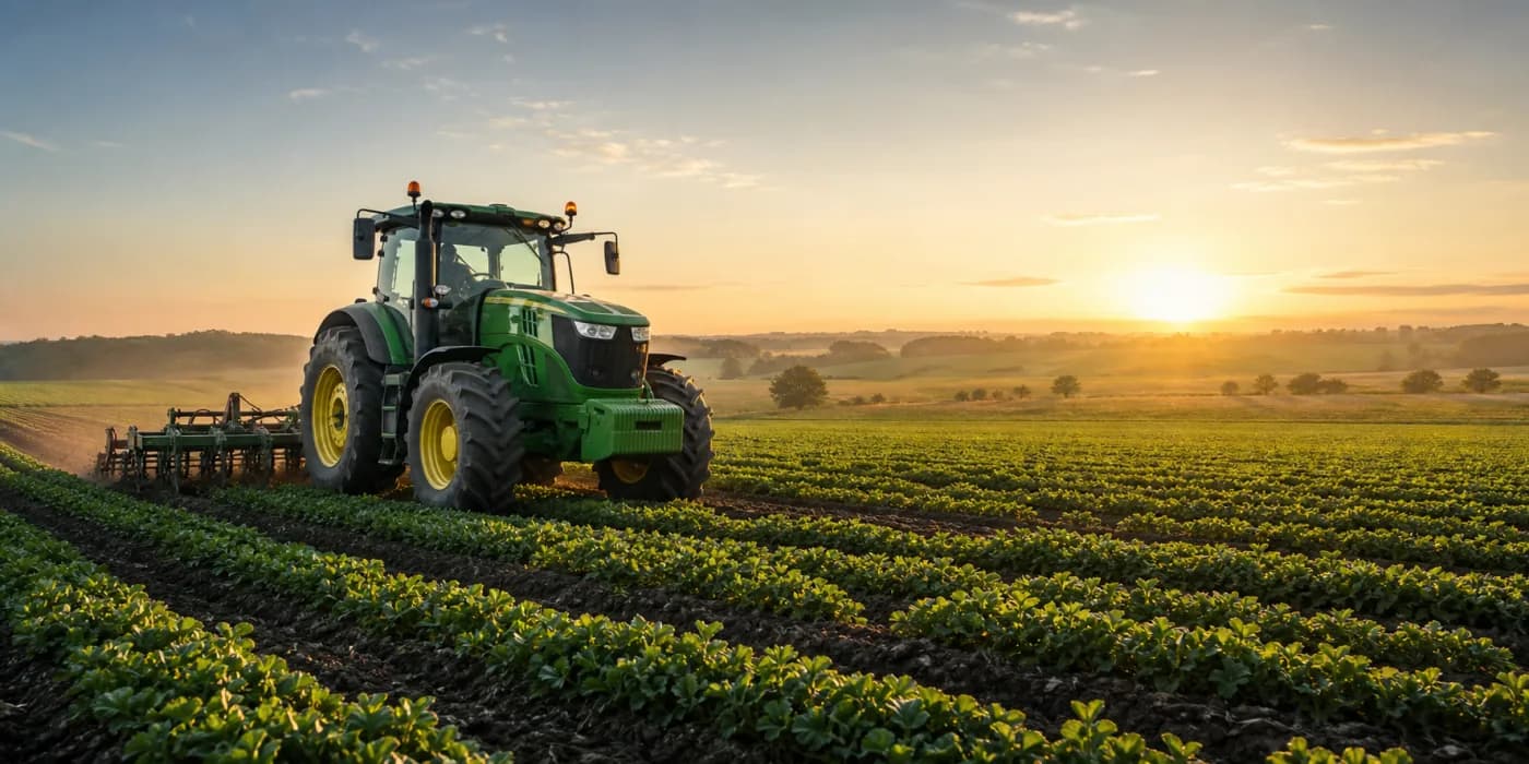 Modern tractor working cultivated crop rows at sunrise