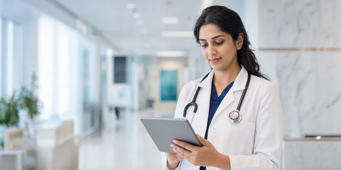 Indian physician reviewing clinical information on a tablet