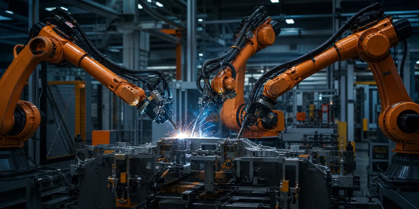Industrial robotic arms welding a precision assembly