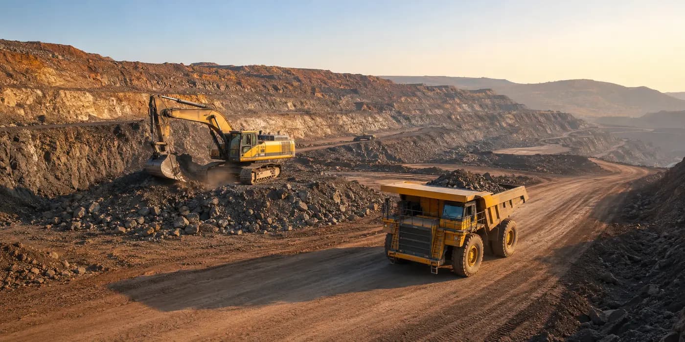 Large open-pit mining operation with an excavator and haul truck